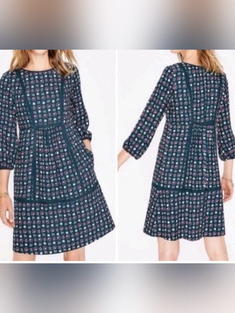 Boden Green Luna Prairie Dress Floral Pattern Back Zip 3/4 Sleeve Pocket US  6